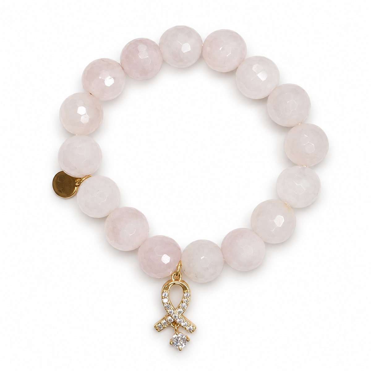 Rose Quartz With Gold Pavé Cancer Awareness Ribbon with CZ Pendant on a white background