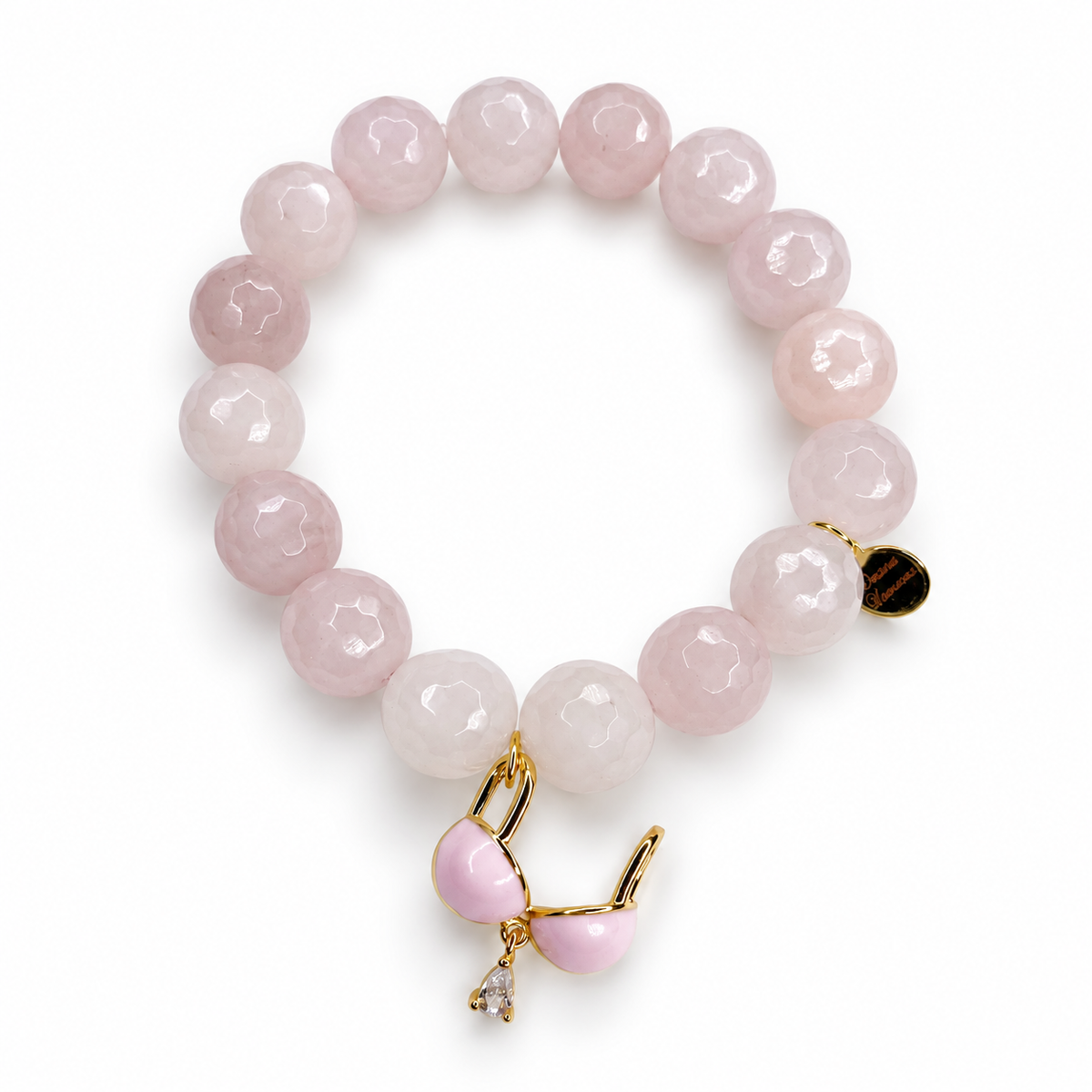 Rose Quartz "Breast Friends 4 Life" with Pavé Bra on a white background