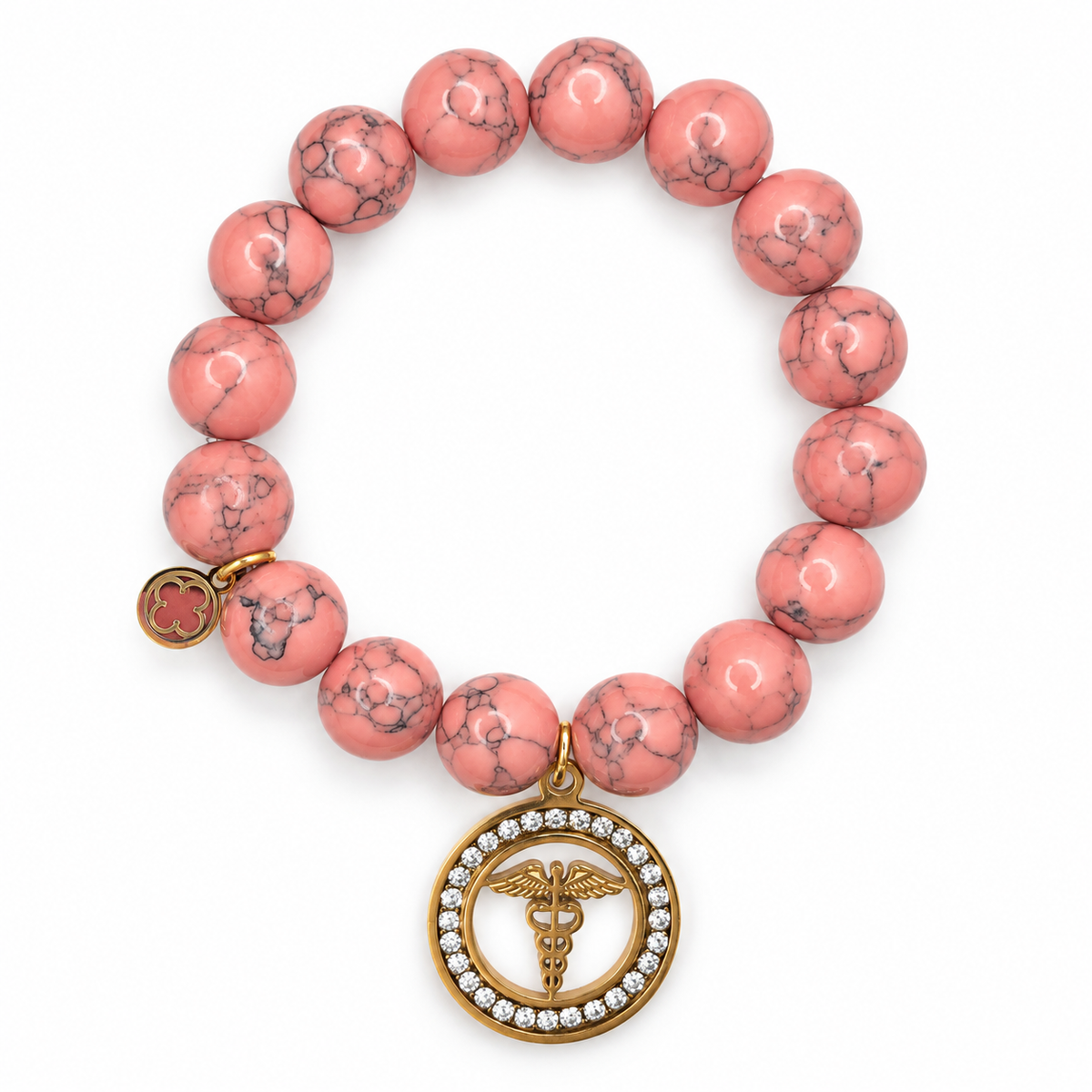 Coral Pink Howlite with Caduceus Staff of Hermes Pendant on a white background