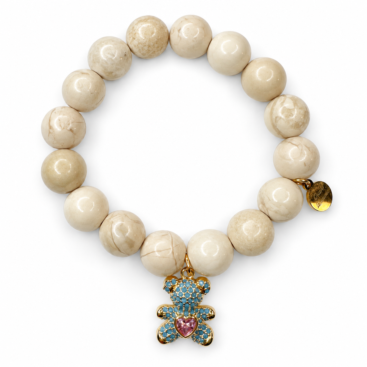 Beige Riverstone with Blue Pavé Teddy Bear Pendant on a white background