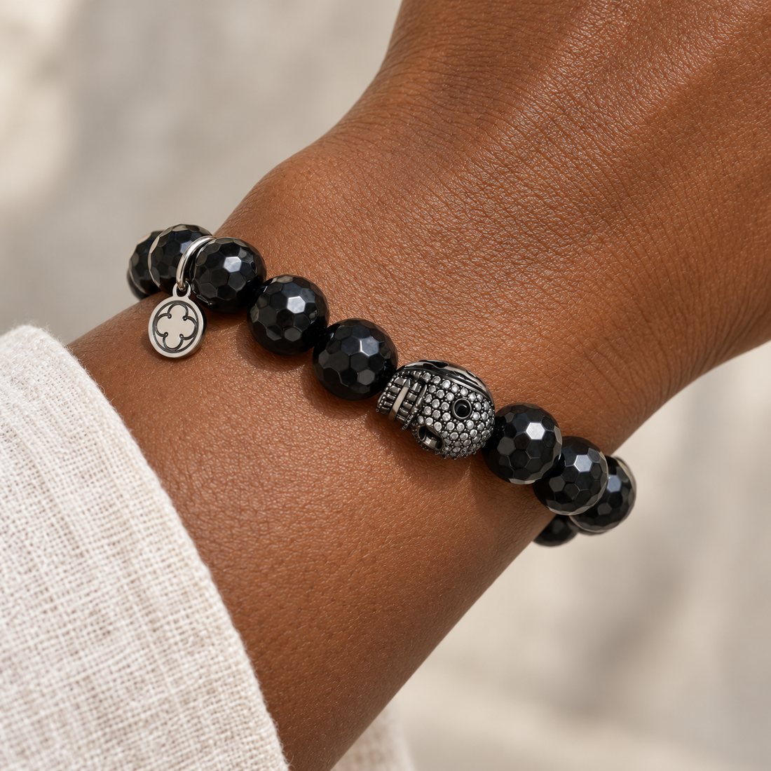 Black Onyx with Pavé Gunmetal Skull worn on a woman&