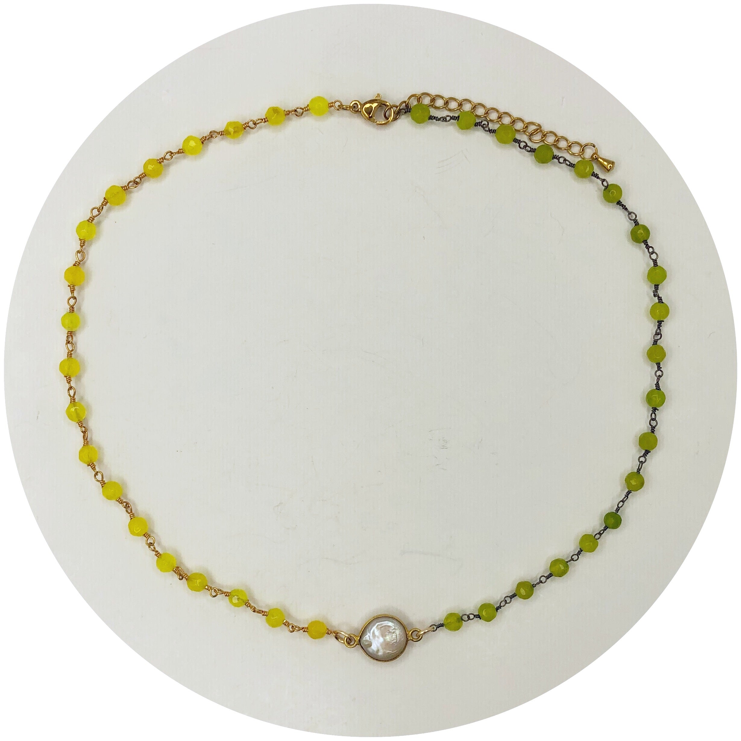 Demi Lime Green Quartz and Lemon Drop Quartz Necklace with Pearl Bezel