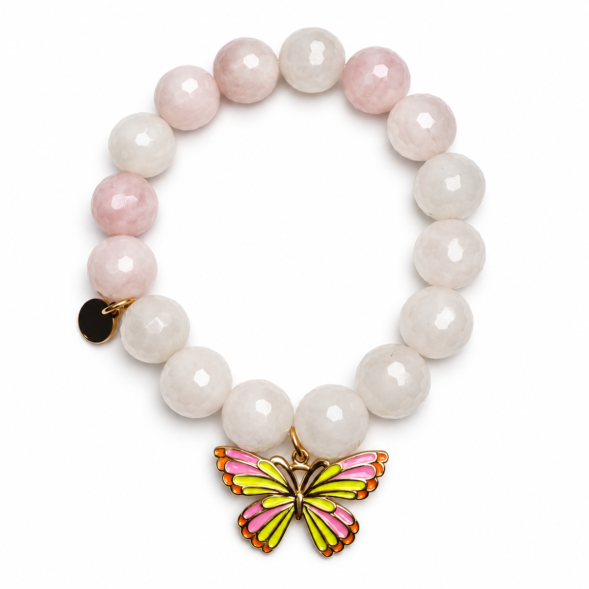 Rose Quartz "Lana Bracelet" with Pink/Yellow Camellia Butterfly Pendant on a white background