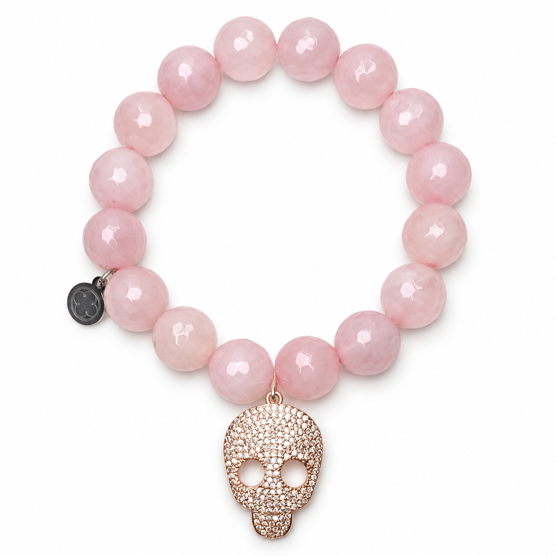 Rose Quartz with Pavé Rose Gold Skull on a white background
