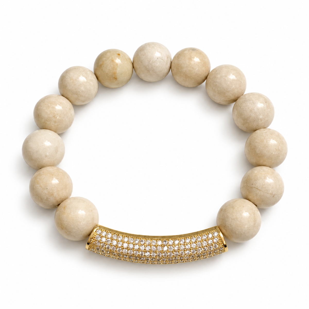 Beige Riverstone with Gold Pavé XL Curved Bar on a white background