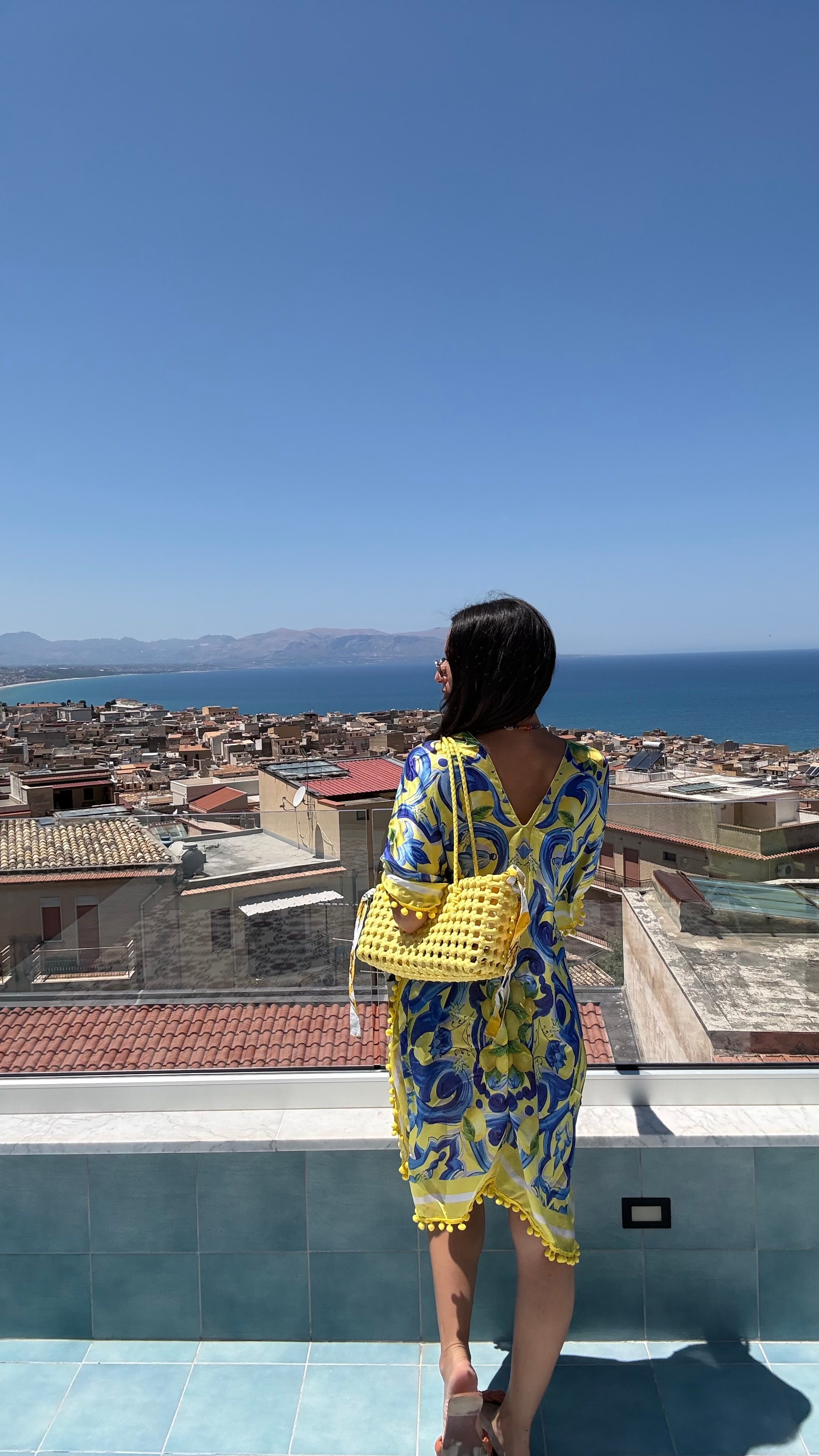 Blue and Yellow Scroll Foulard Dress