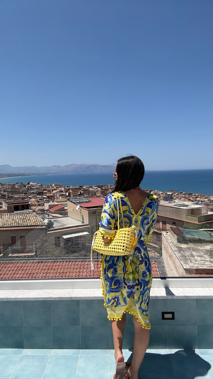 Blue and Yellow Scroll Foulard Dress