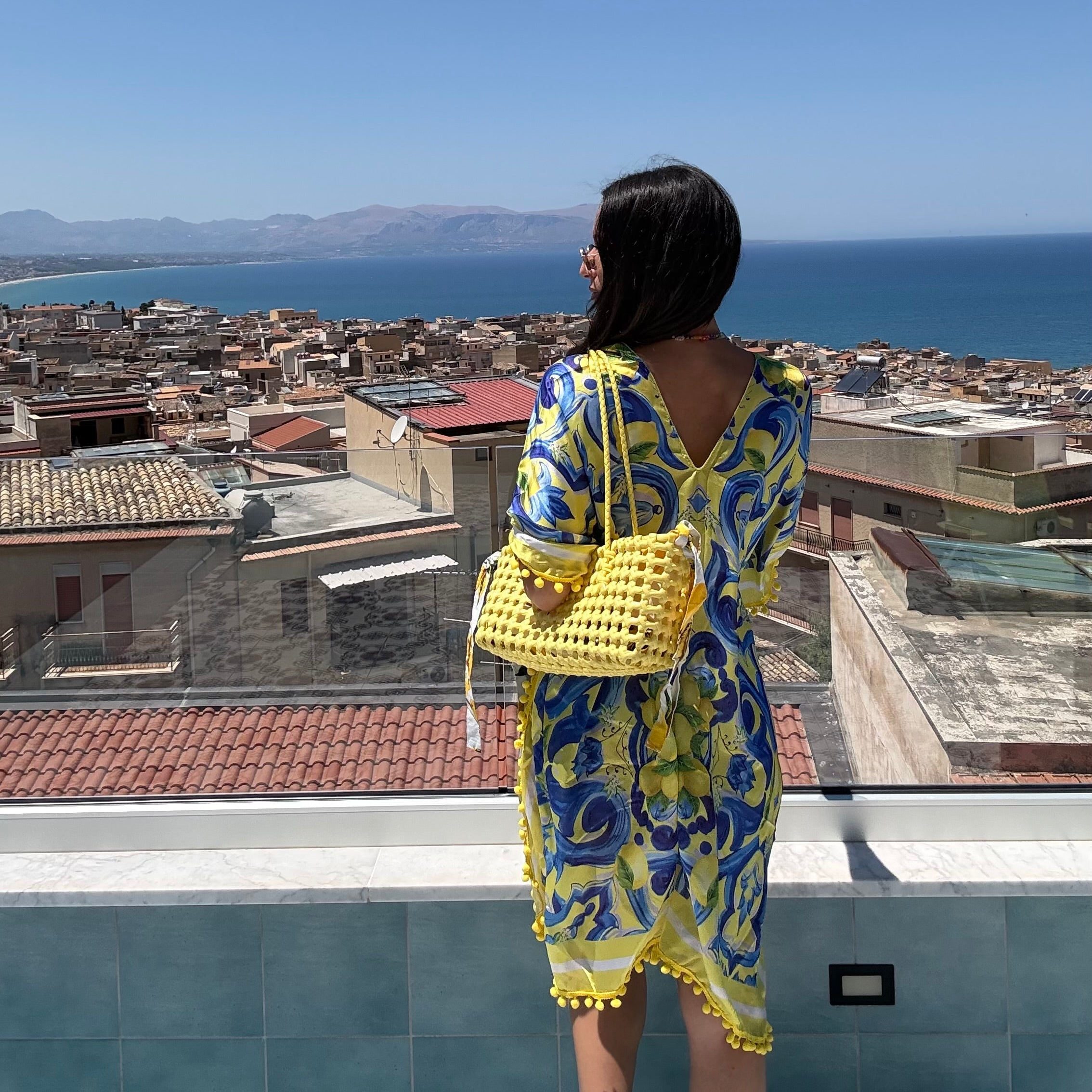 Blue and Yellow Scroll Foulard Dress