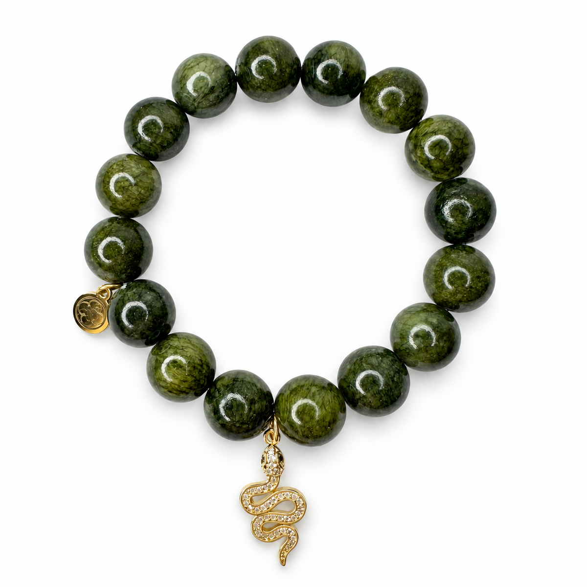 Olive Riverstone with Pavé Snake Pendant on a white background