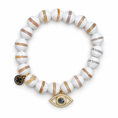 Tibetan White Zebra Agate with Pavé Abalone Eye Pendant - Oriana LaMarca Designs