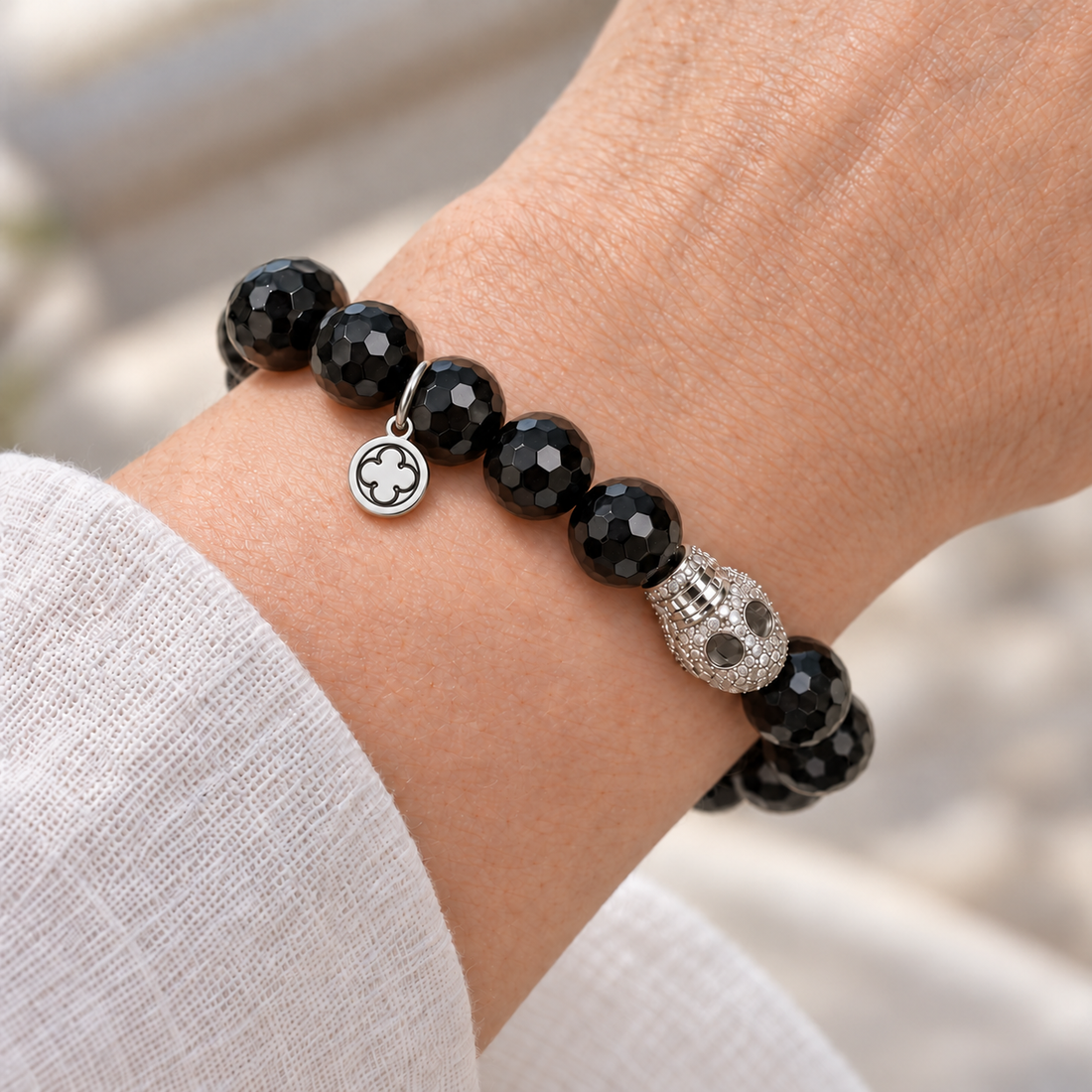 Black Onyx with Pavé Silver Skull worn on a woman&