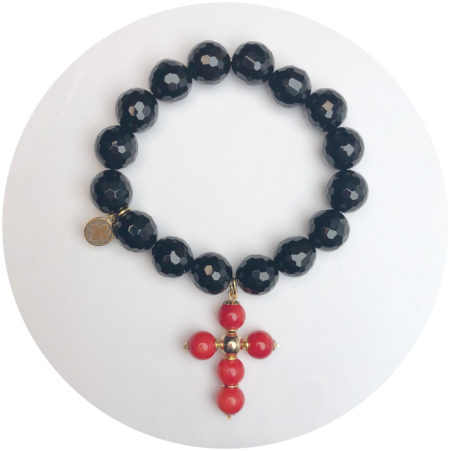 Black Onyx with Red Coral Cross Pendant