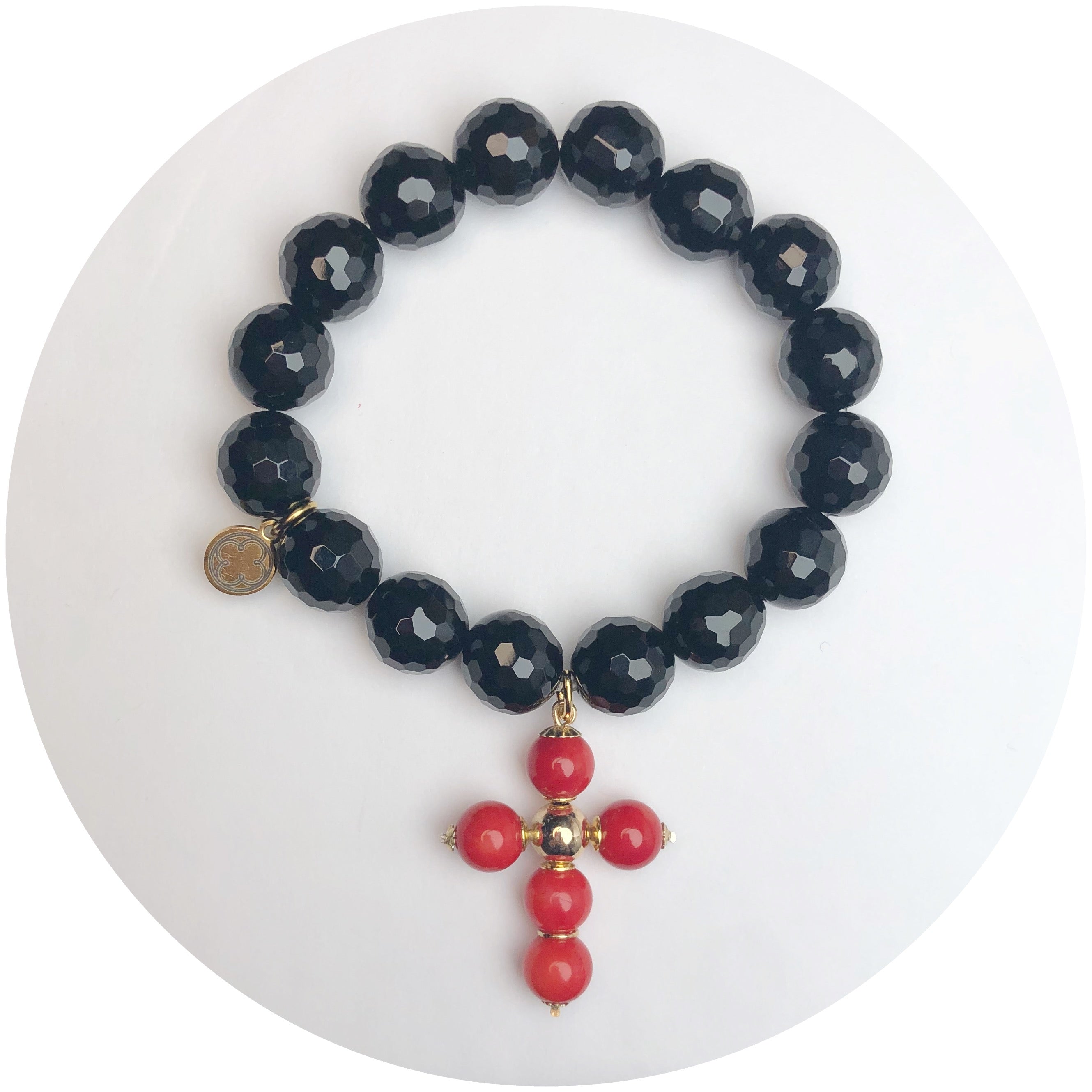 Black Onyx with Red Coral Cross Pendant