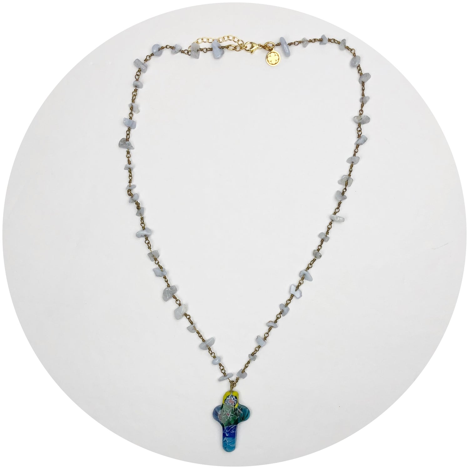 Serenity Blue Gemstone Chips Necklace with Millefiore Cross Pendant