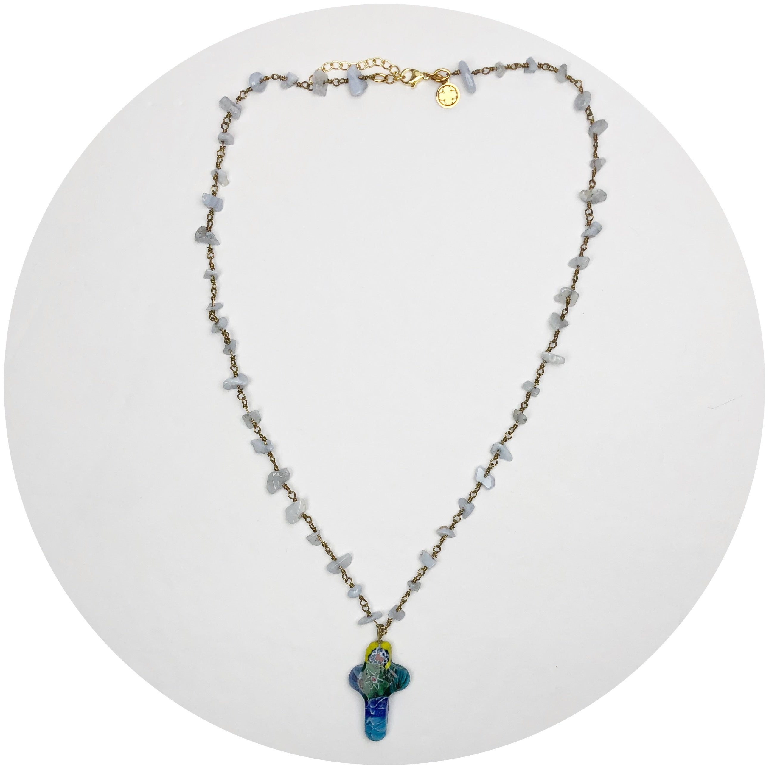 Serenity Blue Gemstone Chips Necklace with Millefiore Cross Pendant