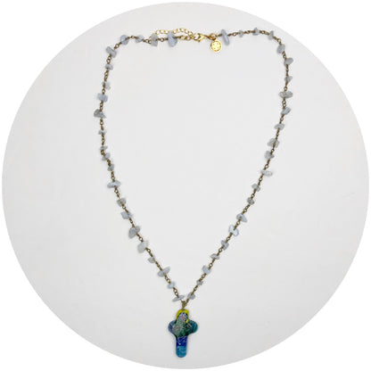 Serenity Blue Gemstone Chips Necklace with Millefiore Cross Pendant