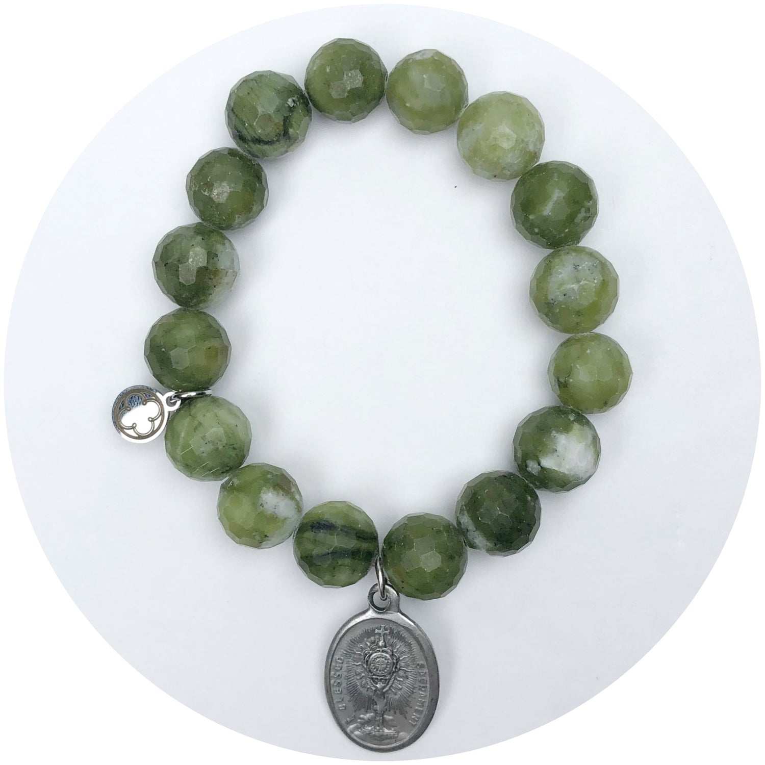 Dusty Olive Stone With Sacrament/Saint Charles Pendant