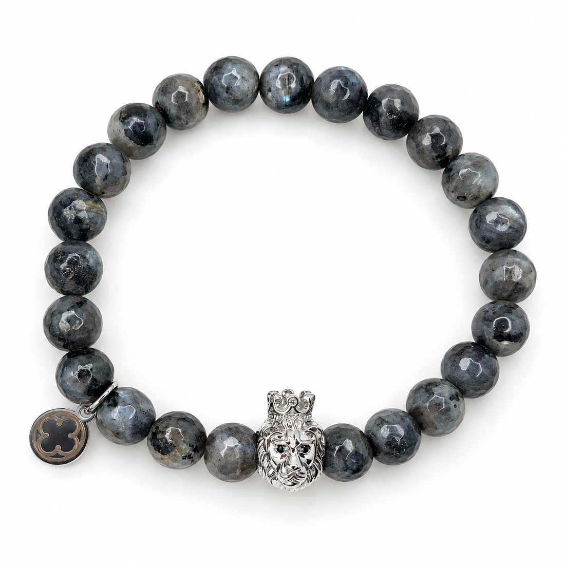 Mens Labradorite with Silver Lion Head on white studio background