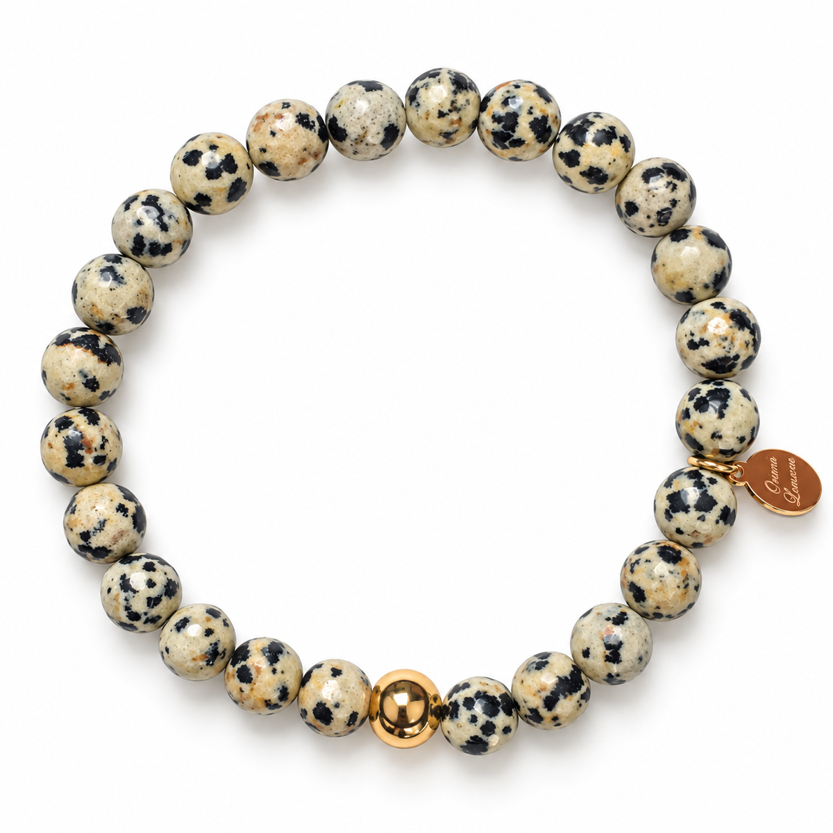 Mens Dalmatian Jasper with Gold Accent on white studio background