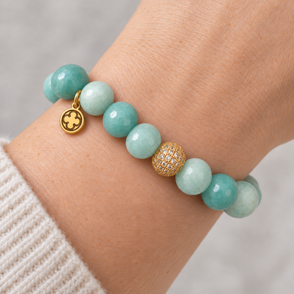 Amazonite Light with Micro Pavé Gold bracelet worn on a woman&