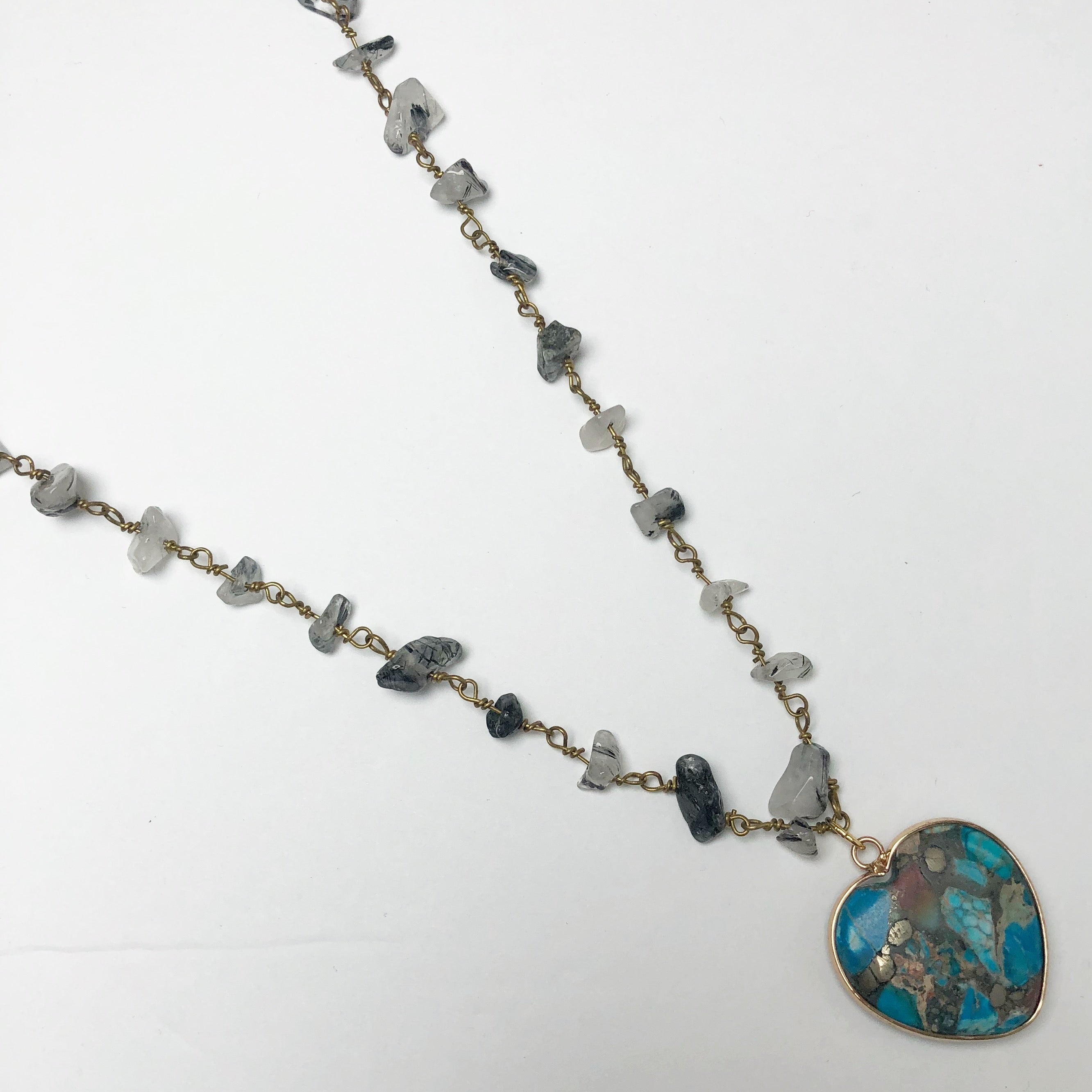 Black Quartz Beaded Chain with Turquoise Jasper Pendant Necklace