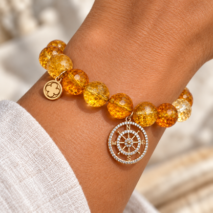 Citrine with Pavé Compass Pendant worn on a woman&