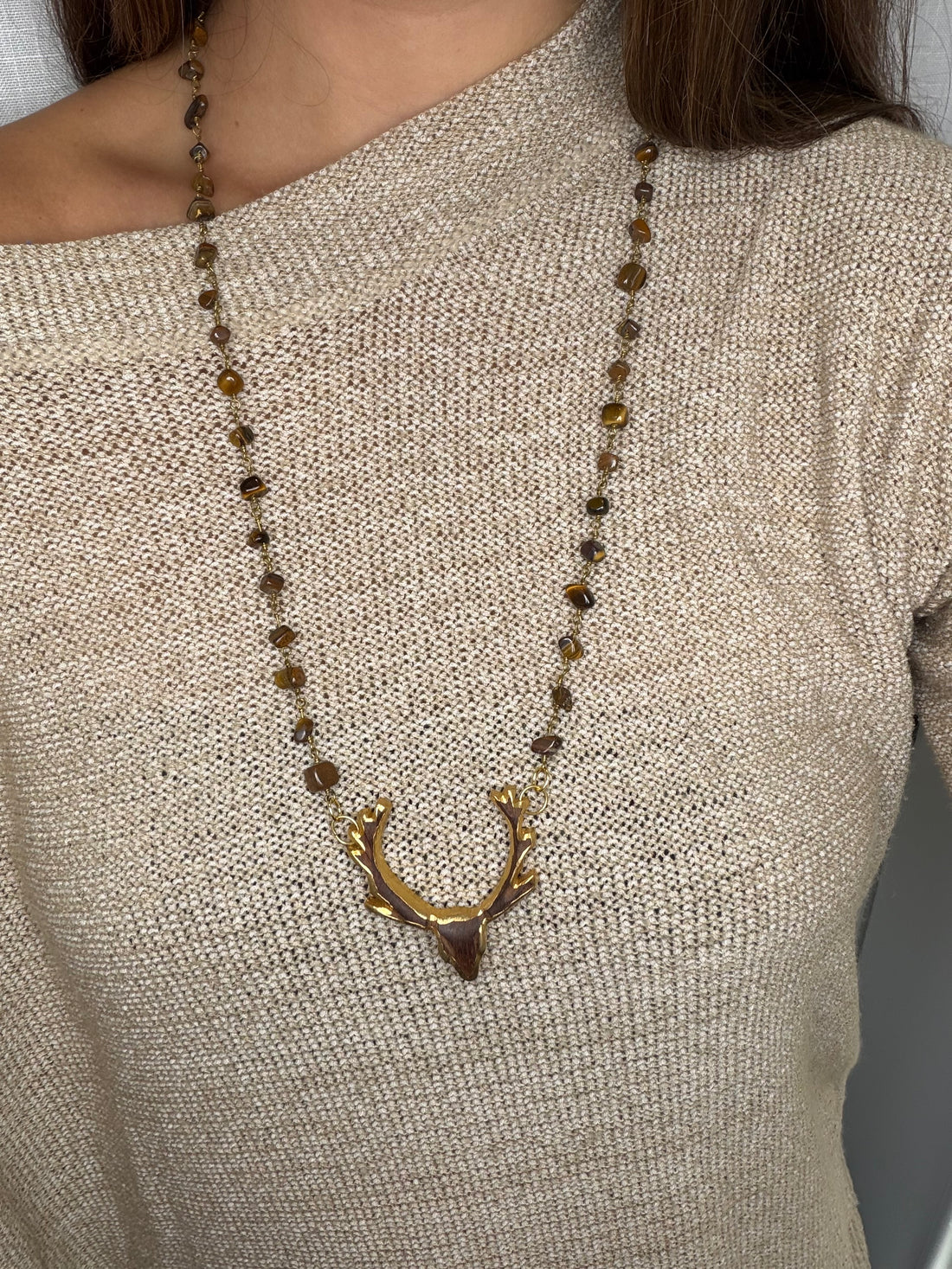 Tiger Eye Gemstone Chips Necklace with Reindeer Pendant