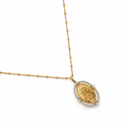 Pavé Halo Blessed Mother Necklace studio photo