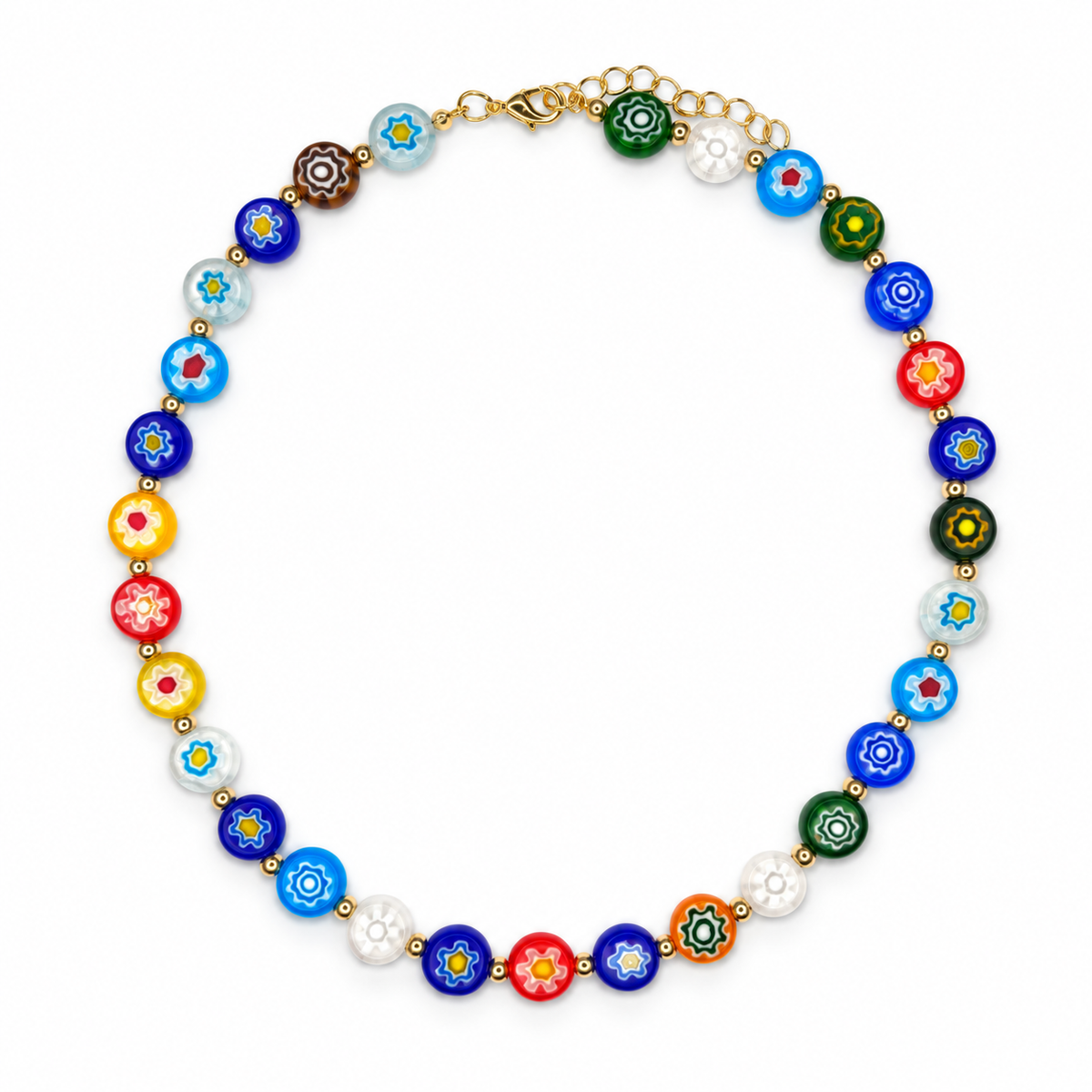 Millefiore Coin with Gold Spacer Necklace studio photo