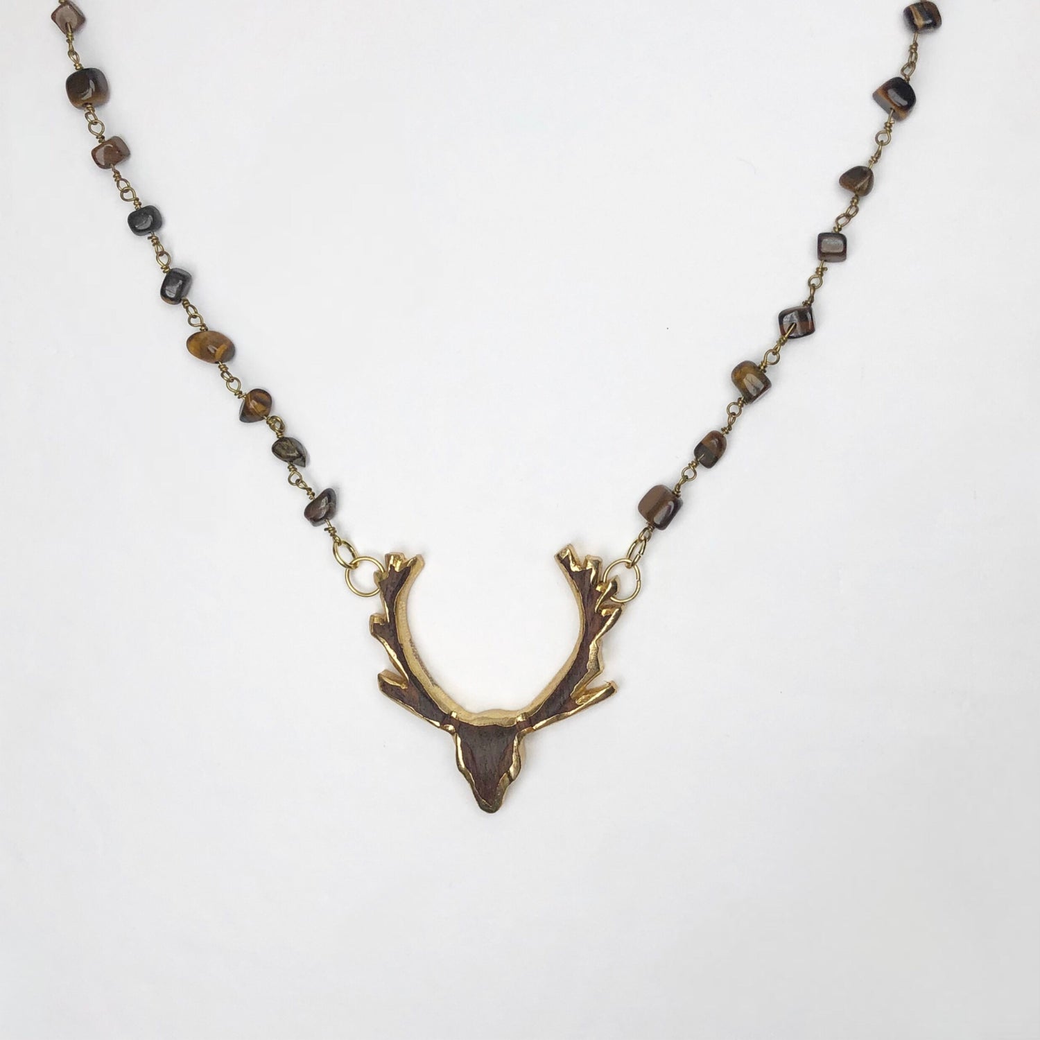 Tiger Eye Gemstone Chips Necklace with Reindeer Pendant
