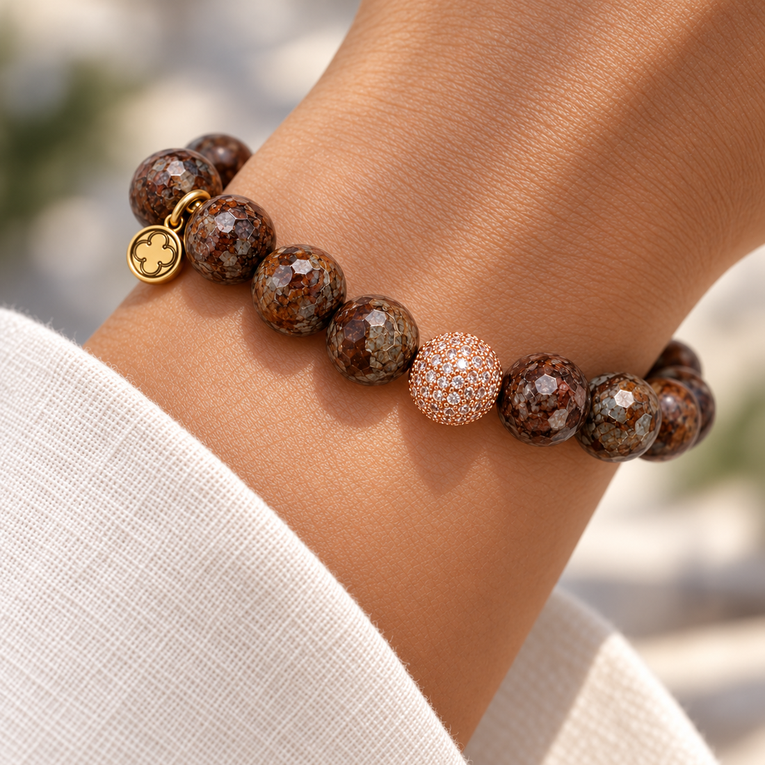 Cola Brown Jasper with Micro Pavé Rose Gold on a woman’s wrist