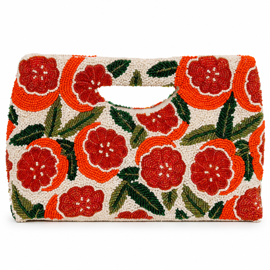 Orange Beaded Handbag on a white studio background