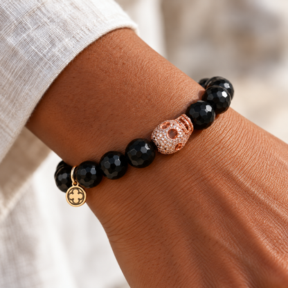 Black Onyx with Pavé Rose Gold Skull worn on a woman&