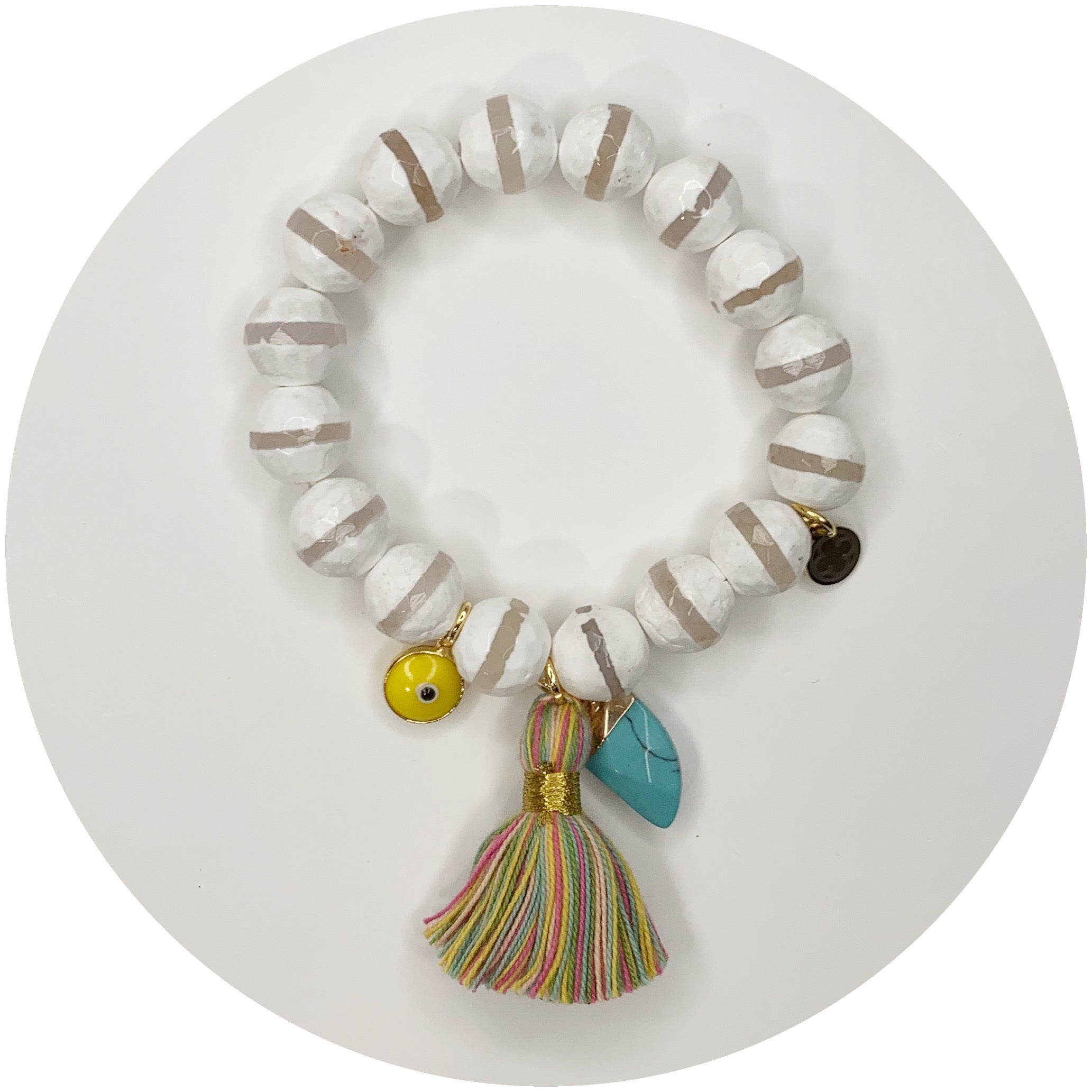 Tibetan White Zebra Agate with Multicolor Tassel and Turquoise Horn Pendant