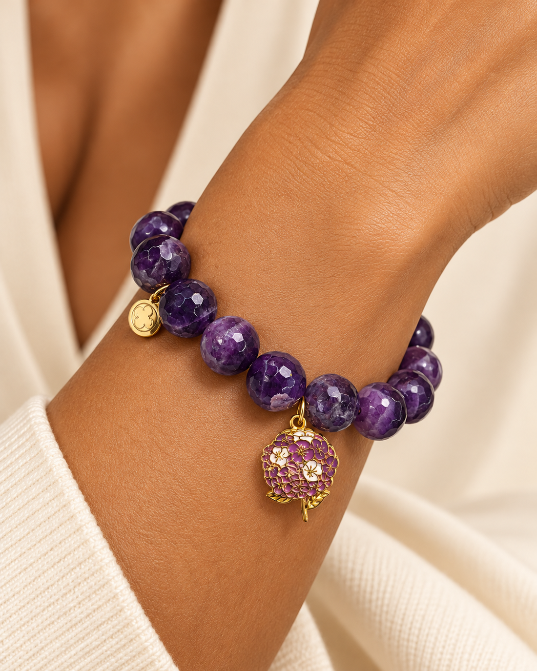 Amethyst with Enamel Hydrangea Pendant worn on a woman&