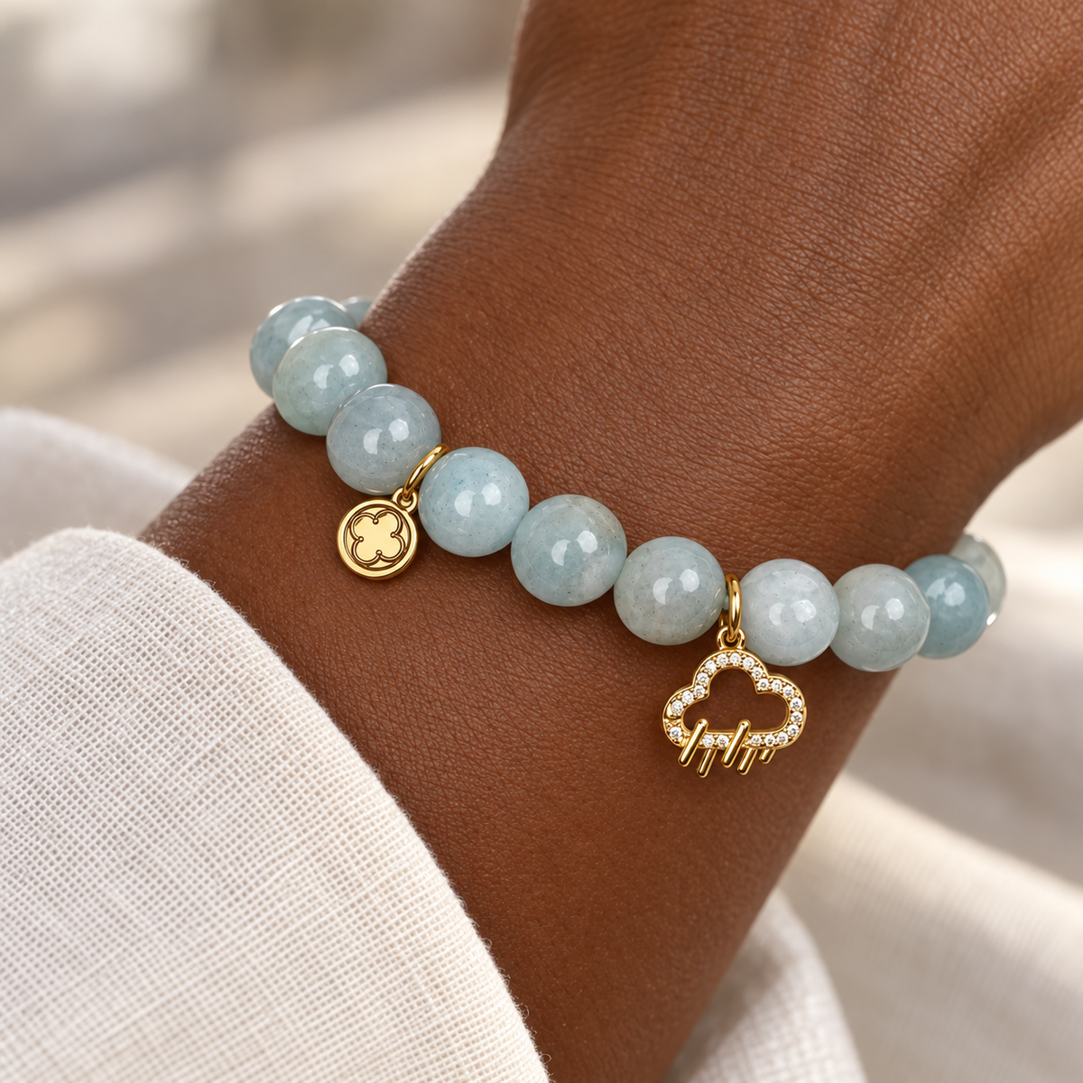 Aquamarine with Pavé Cloud Pendant worn on a woman&