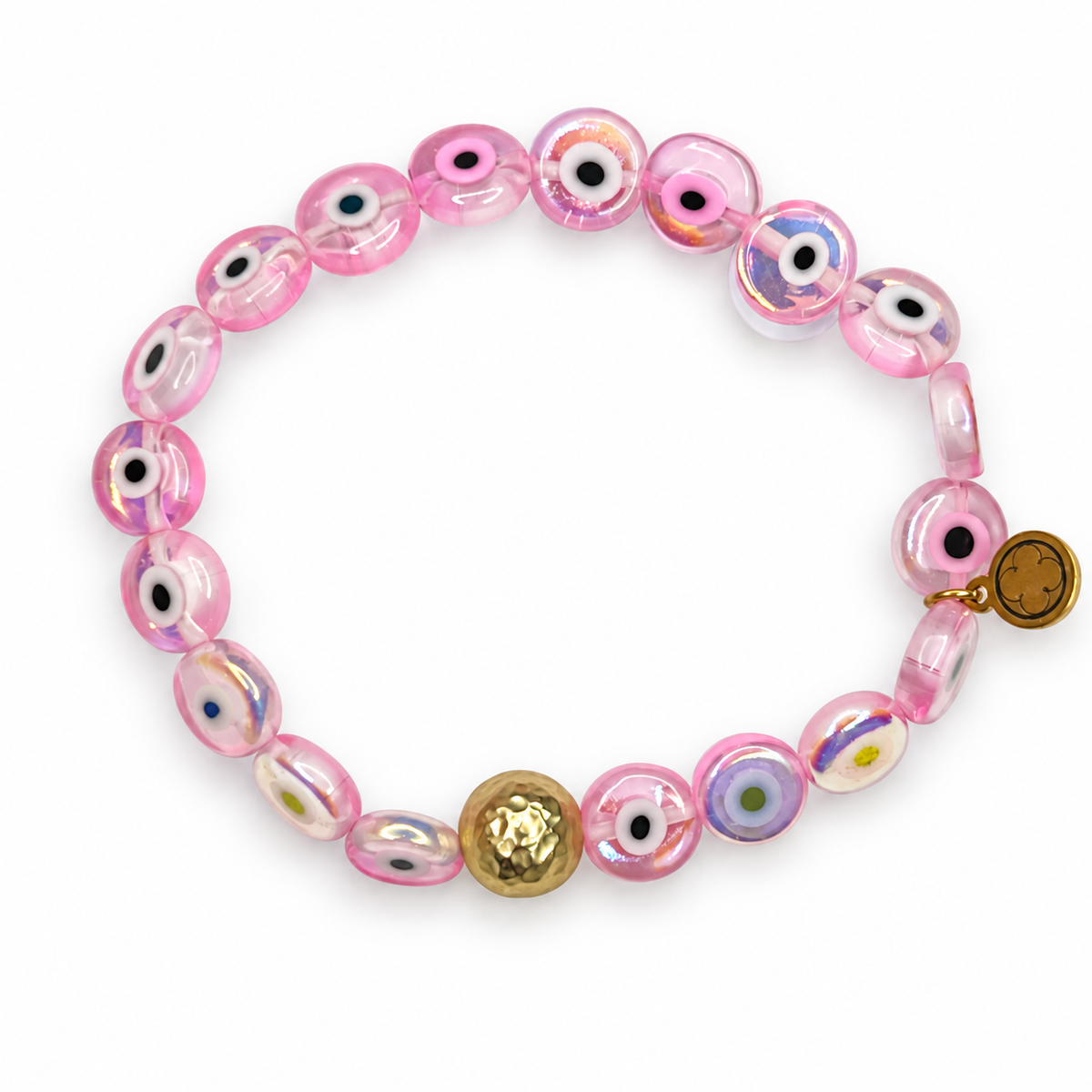 Pink Iridescent Evil Eye Glass with Hammered Gold Accent - Oriana LaMarca Designs