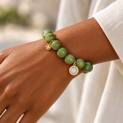 Green Garnet with Pavé Opal Round Pendant worn on a woman&