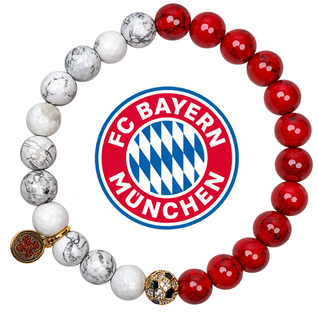 Bayer Munich Mens Red Howlite and White Howlite with Pavé Soccer Ball Accent with preserved team logo on transparent background