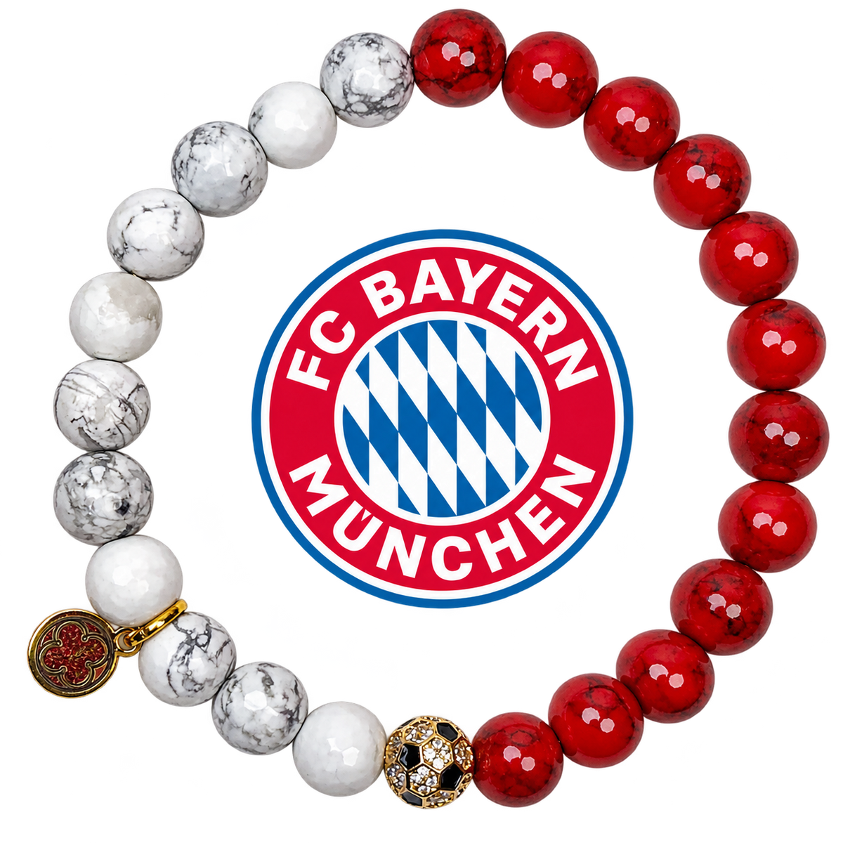 Bayer Munich Mens Red Howlite and White Howlite with Pavé Soccer Ball Accent with preserved team logo on transparent background