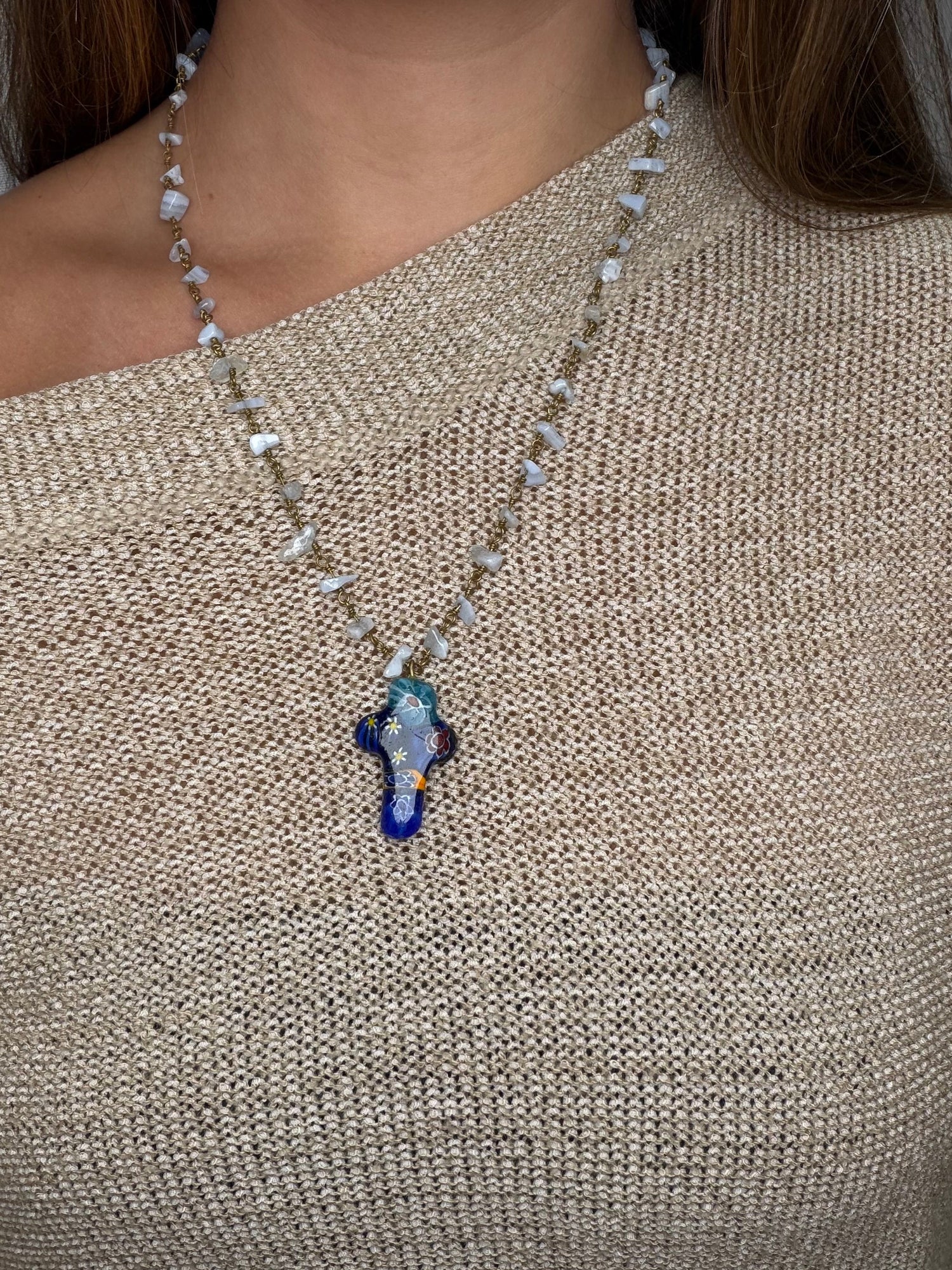 Serenity Blue Gemstone Chips Necklace with Millefiore Cross Pendant