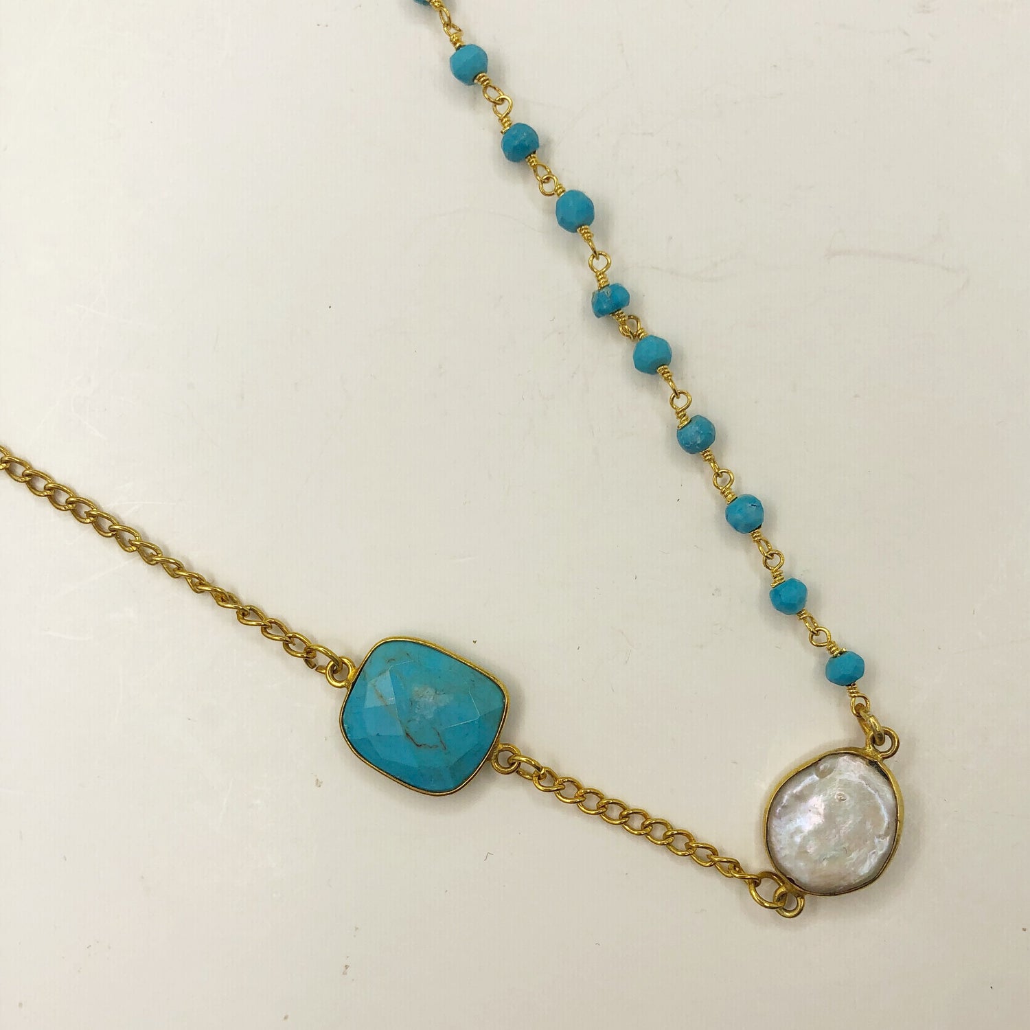 Demi Turquoise Bezel and Turquoise Stone Necklace with Pearl Bezel