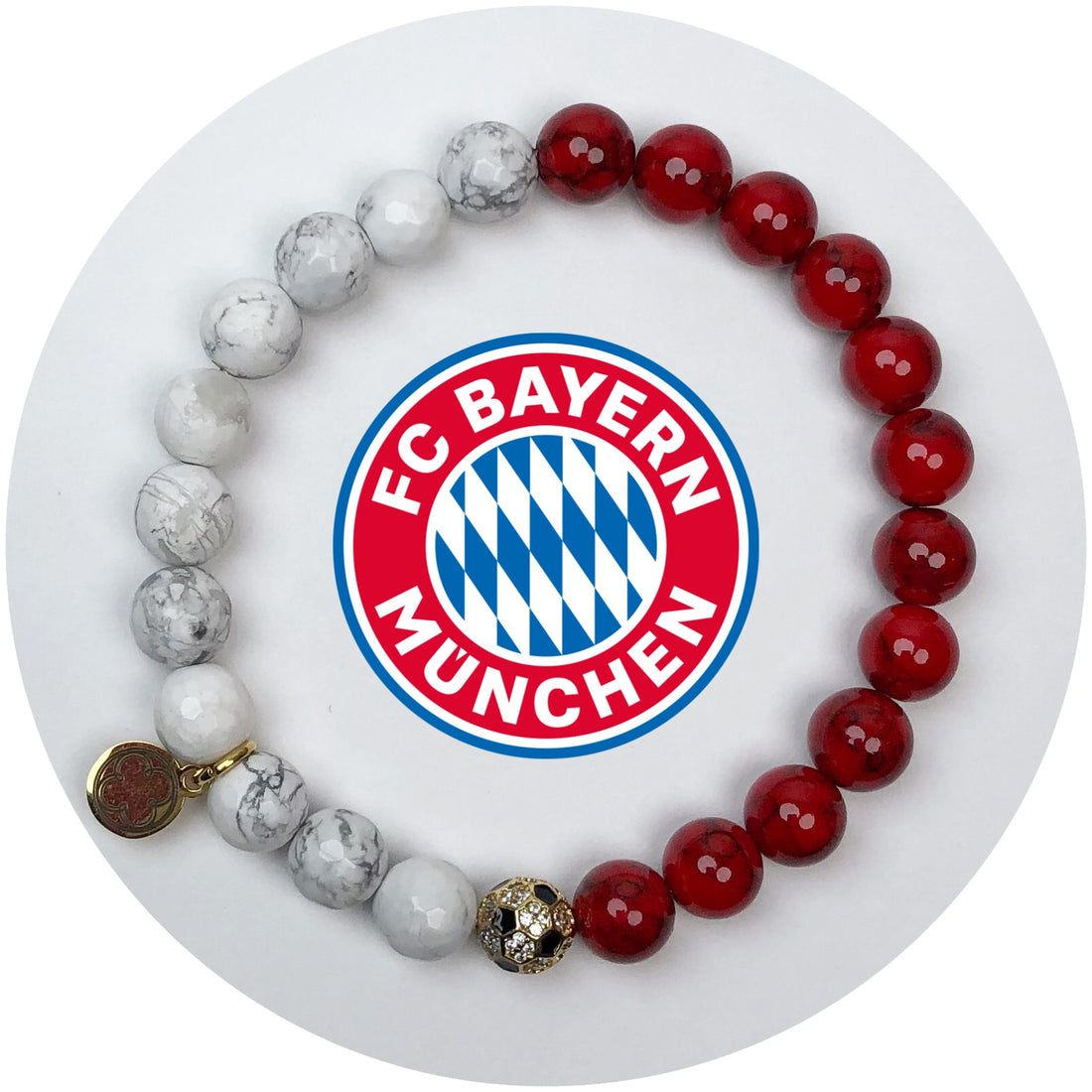 Bayer Munich Mens Red Howlite and White Howlite with Pavé Soccer Ball Accent