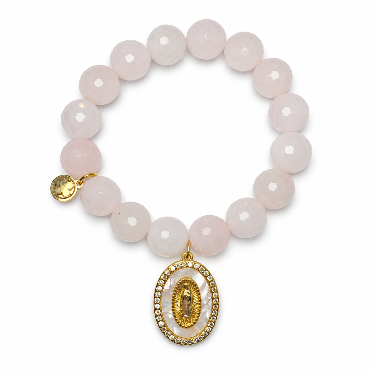 Rose Quartz with Mother of Pearl Oval Blessed Mother Pendant on white studio background