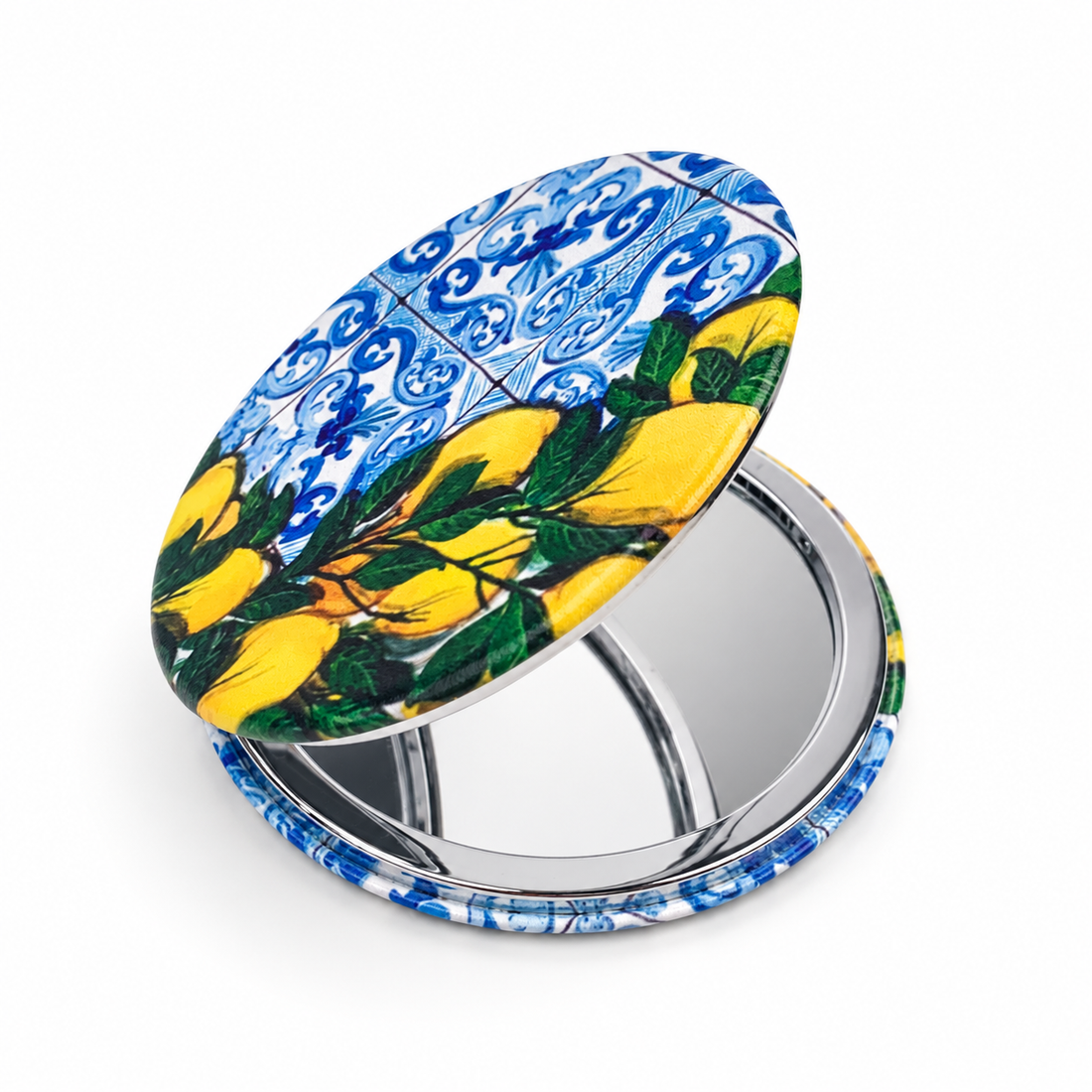 Blue Lemon Maiolica Compact Mirror on a clean studio background
