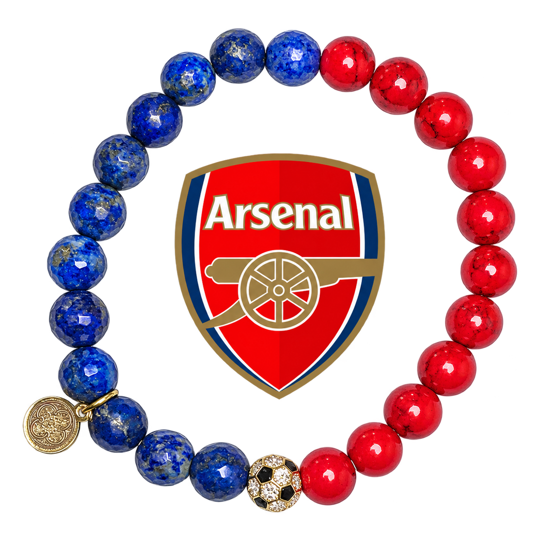 Arsenal Mens Red Howlite and Lapis with Pavé Soccer Ball with preserved team logo on transparent background