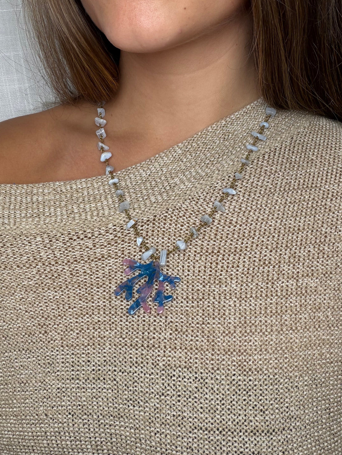 Serenity Blue Gemstone Chips Necklace with Acrylic Coral Branch Pendant
