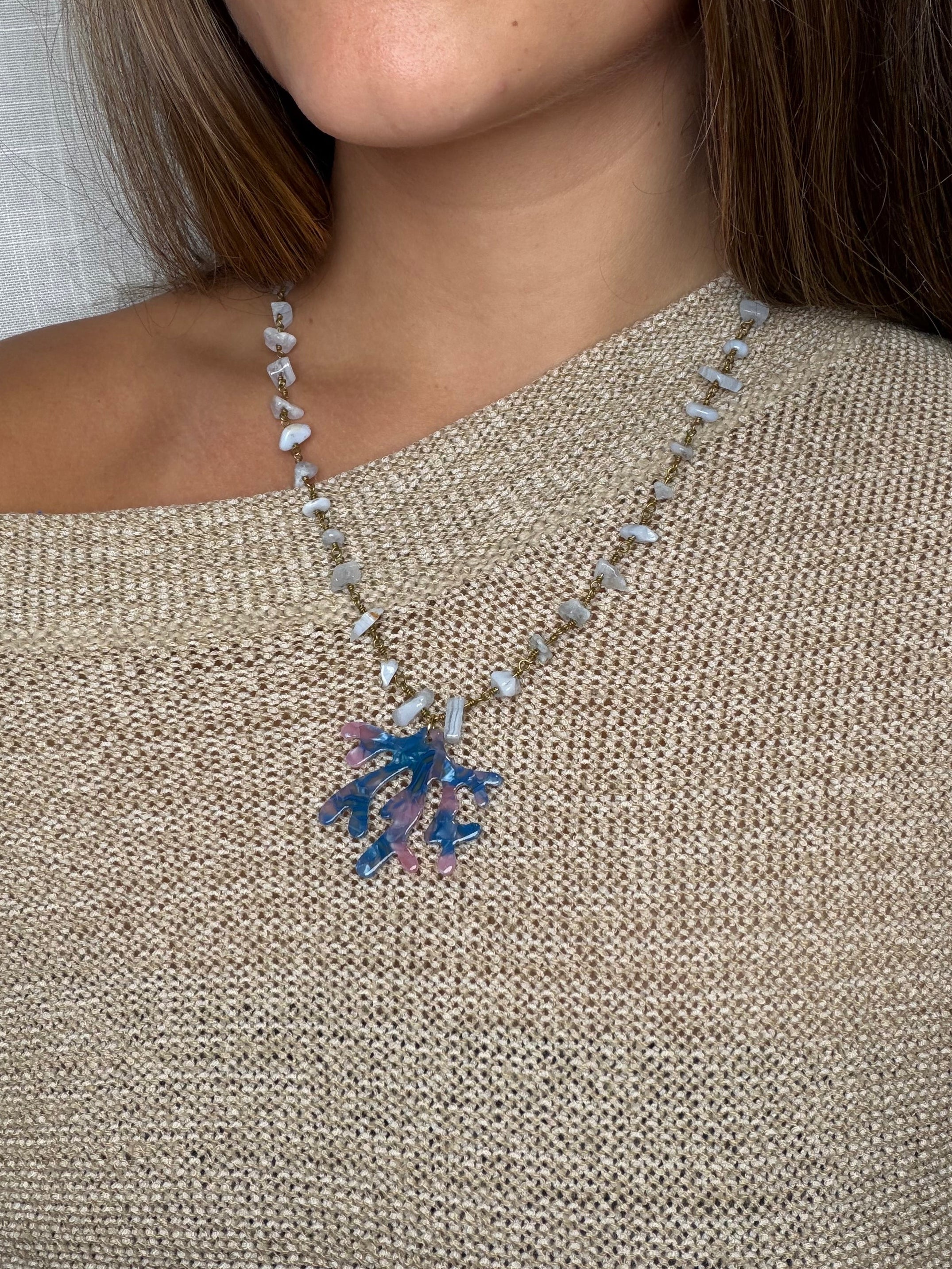 Serenity Blue Gemstone Chips Necklace with Acrylic Coral Branch Pendant