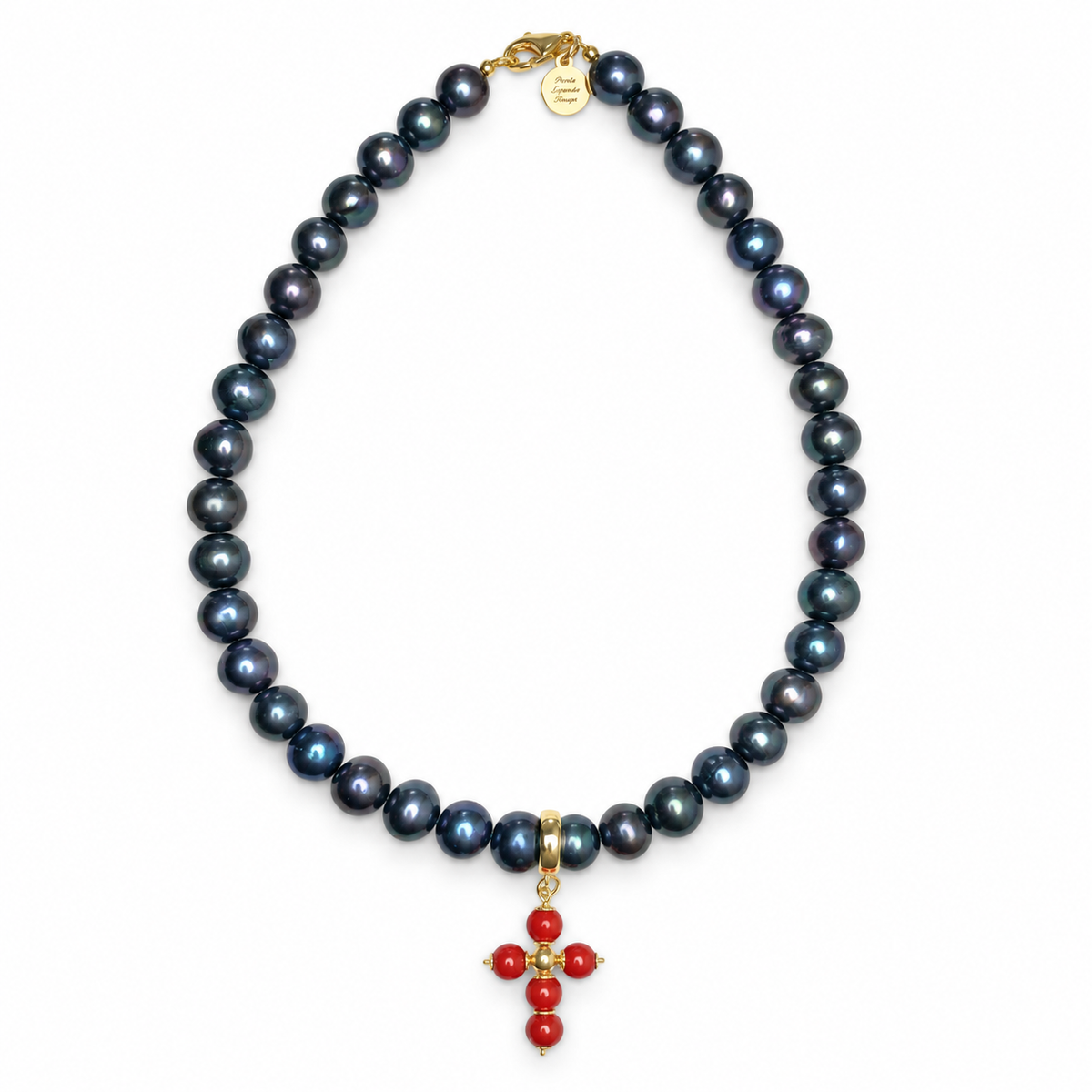 Perla Grande Peacock Pearl with Red Coral Cross Necklace studio photo