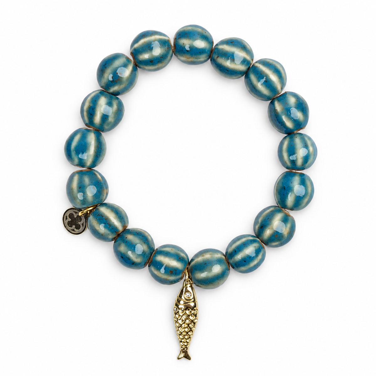 Turquoise Ceramic Riccio Bead with Gold Sardine Pendant - Oriana LaMarca Designs